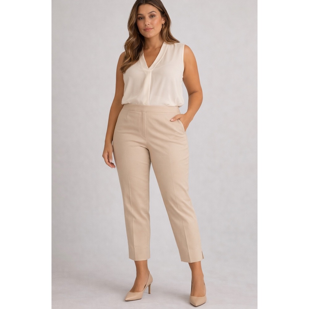 Lafayette 148 New York Tan Stretch Cotton Side‎ Zip Ankle Pants Size 16